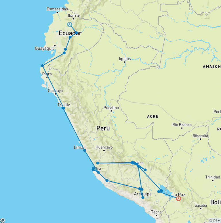 Map of Quito to La Paz: Amazon & Ancient Cultures
