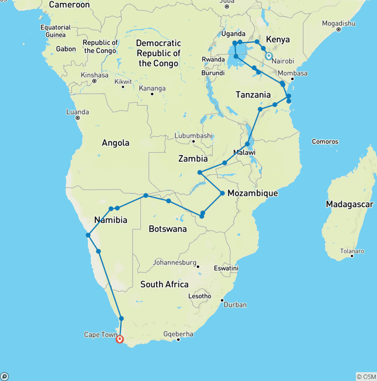 Map of Africa Encompassed Southbound (63 destinations)