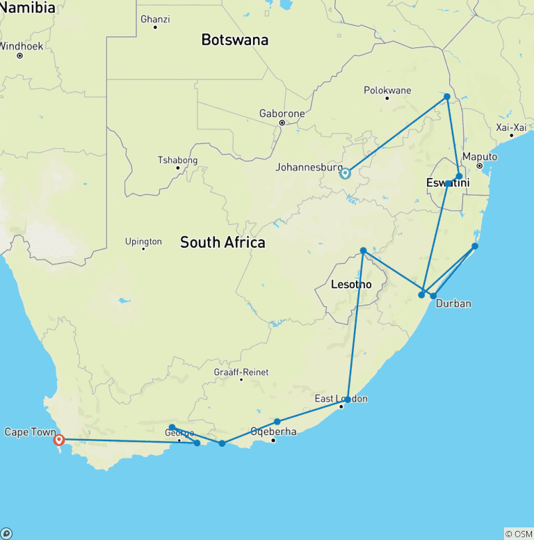 Map of Kruger, Coast & Cape (from Johannesburg to Table Mountain)