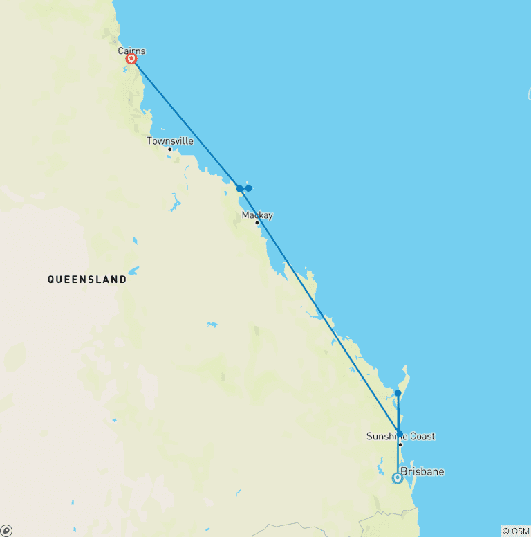 Map of Brisbane to Cairns Experience: Sand Dunes & the Whitsundays