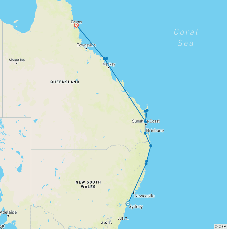 Map of Most of the Coast: Sydney to Cairns