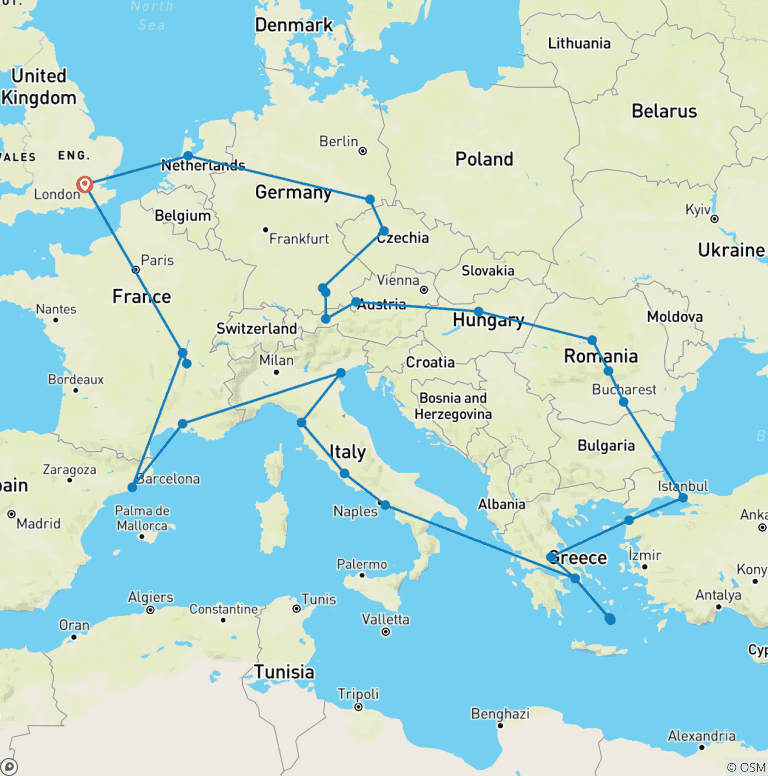 Map of Ultimate European (Plus Greek Islands, Start London)