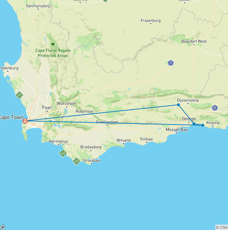 Map of 3 day Garden Route + Safari Highlights Tour from Cape Town