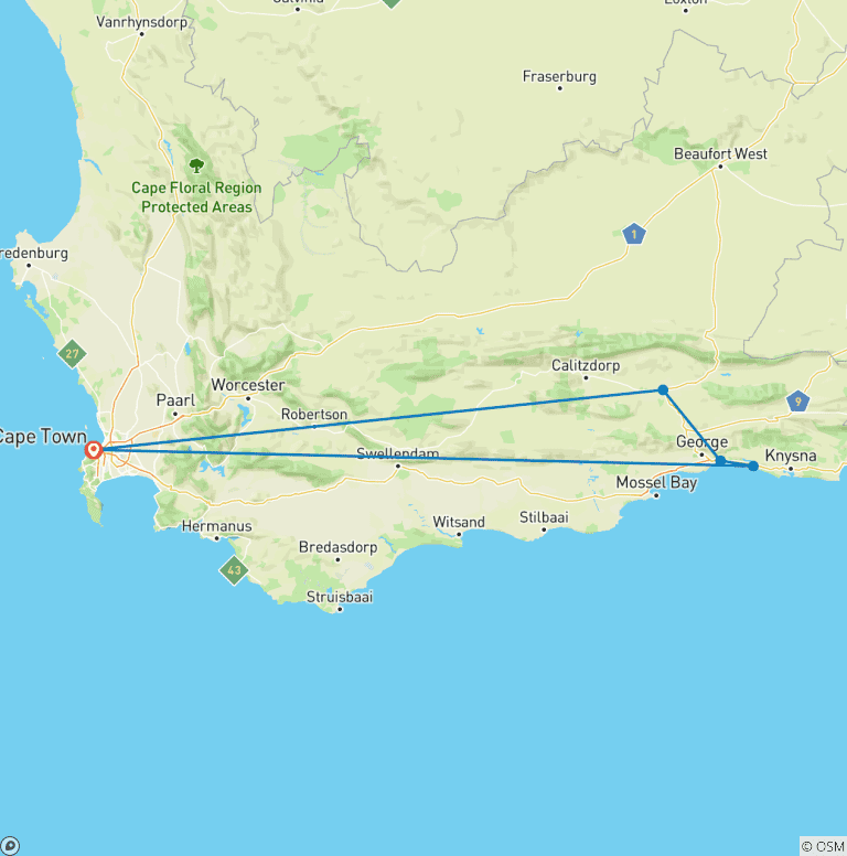 Map of 3 day Garden Route + Safari Highlights Tour from Cape Town