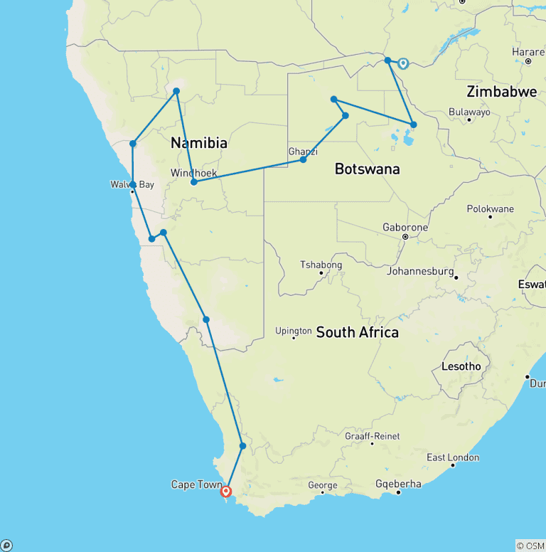 Map of Victoria Falls to Cape Town 22 Days Overlanding