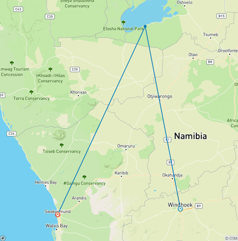 Map of 3 Day Etosha Express Accommodated Safari