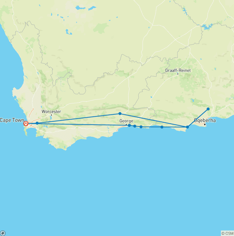 Map of 7 day Garden Route, Cape Point and Winelands Combo