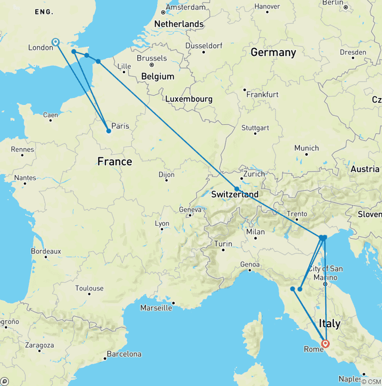 Map of London to Rome Highlights (10-day Tour)