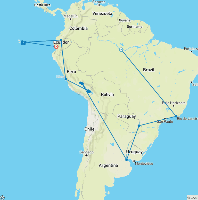 Map of Ultimate South America with Brazil's Amazon & Galapagos Cruise