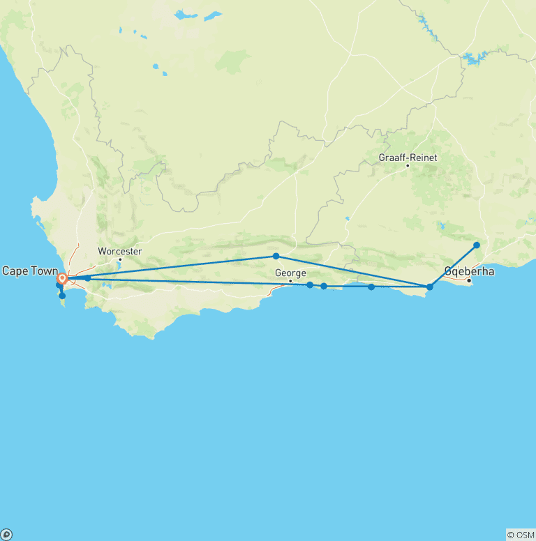 Map of 10 day Cape & Garden Route Combo - optional accommodation