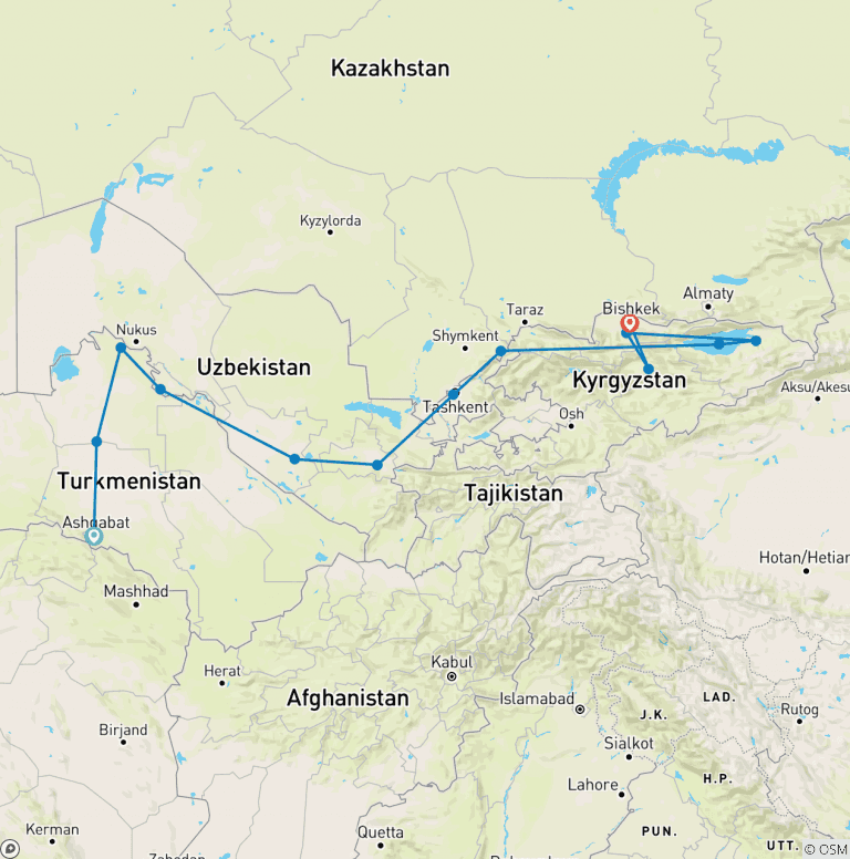 Map of Ashgabat To Bishkek (46 Days) Silk Road Highlights