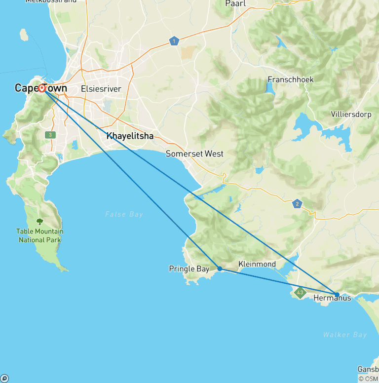Map of 3 day Botlierskop Garden Route Glamping and Whale Coast Safari with Private transfers