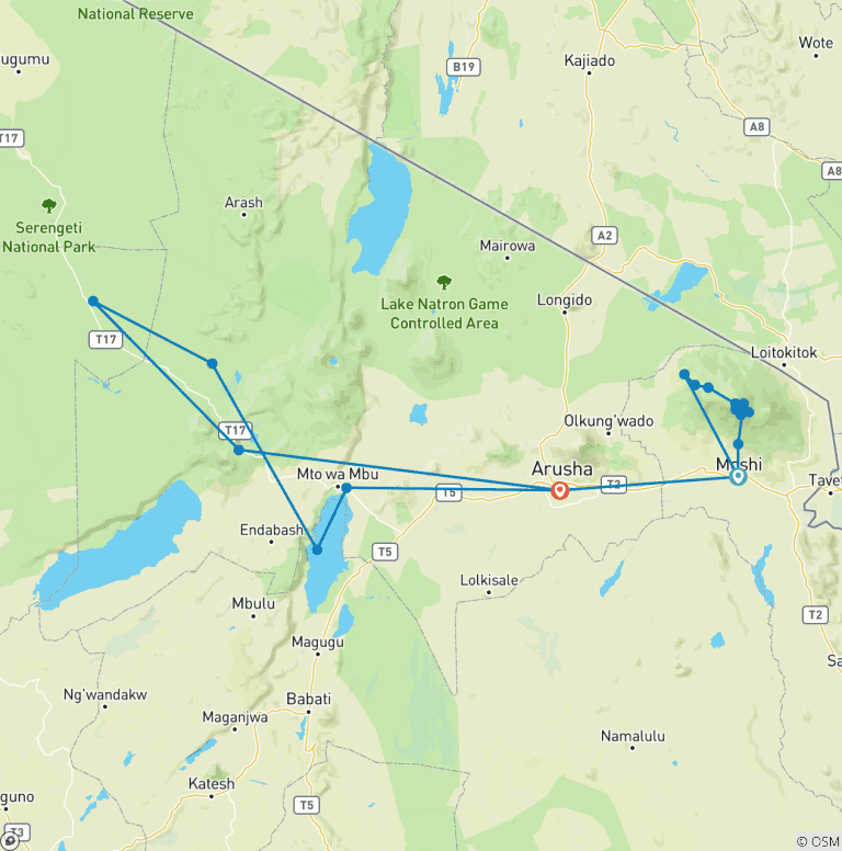Map of Kilimanjaro - Lemosho Route & Serengeti Adventure