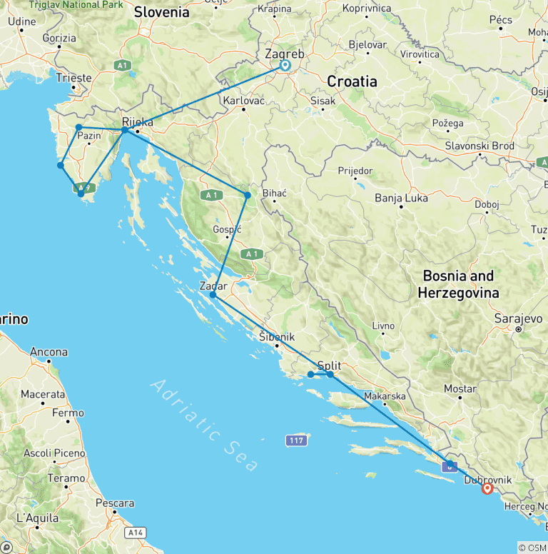 Map of Croatian Beauties Tour - from Zagreb -9 days 8 nights