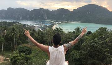 Person overlooking a scenic bay with lush mountains and a beach.