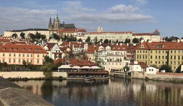 Cityscape with a castle and riverbank.