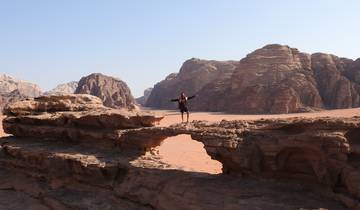 Person standing on a large rock formation in a desert landscape.