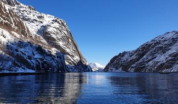 Dramatic fjord landscape with snowy mountains.