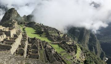 Aerial view of Machu Picchu with the Andes mountains.