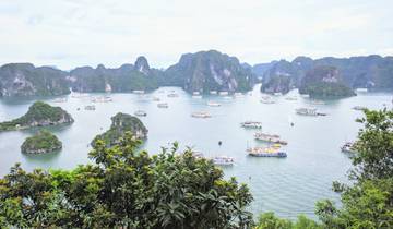 Scenic view of Halong Bay with numerous boats and limestone formations.