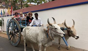 People riding a bullock cart on a road.