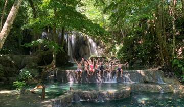 Group of people enjoying a waterfall in a forest.