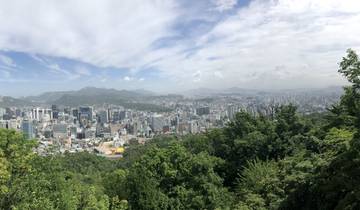 Panoramic view of a city skyline with surrounding hills.