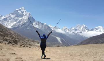 Person with trekking poles raised in front of mountains.