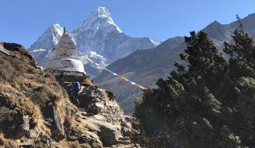 Stupa with prayer flags and mountain in the background.