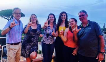 A group of people posing on a terrace with a volcano in the background during dusk.
