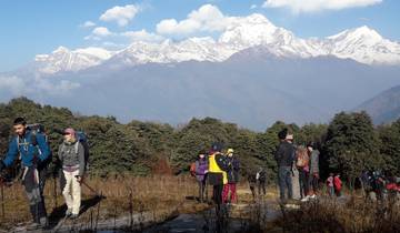 Hikers in a scenic mountain landscape with snow-capped peaks.