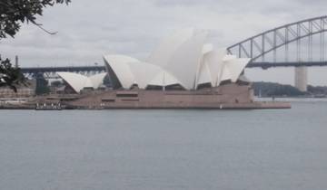 Sydney Opera House and Harbour Bridge overlooking the water.