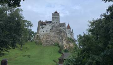 A large, historic castle perched on a hill with a lush green landscape.