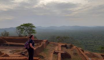 Person overlooking a vast landscape from a historic site.