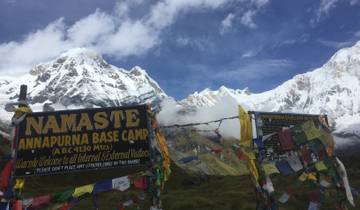 Annapurna Base Camp with snow-covered mountains in the background.
