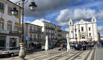 Town square with historical buildings and a cloudy sky.