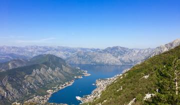 Aerial view of fjord and mountains.