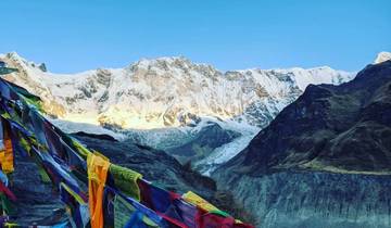 Mountain range with prayer flags.