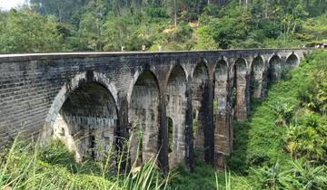 Long arched stone bridge in a green valley.
