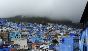 Blue buildings on a hill under a misty sky.