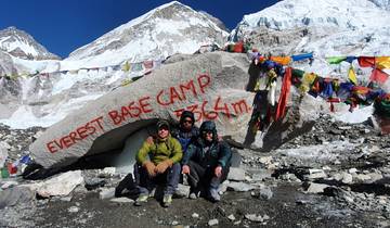 Group of people sitting in front of a sign that says 'Everest Base Camp 5364m'.