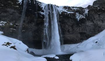 Waterfall surrounded by snow and ice.