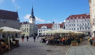 People walking in a cobblestone city square with historic buildings