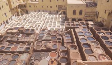 View of traditional tanneries with large circular containers.