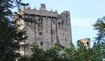 Historic stone castle with a smaller round tower, surrounded by trees.