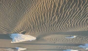 Desert sand with wind patterns and rocks.