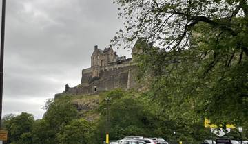 A castle on a high rock surrounded by greenery.