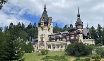 A grand castle surrounded by lush greenery.