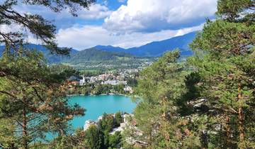 Scenic view of a lake and town surrounded by mountains.