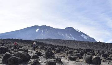 Mountaineers walking towards a volcanic peak.